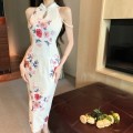 露肩珍珠链复古印花改良版旗袍